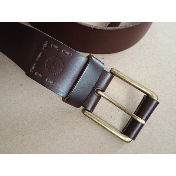 Leather Belt Timberland Brown Leather Belt Mens Size 38 Solid Brass Buckle - Picture 2 of 5